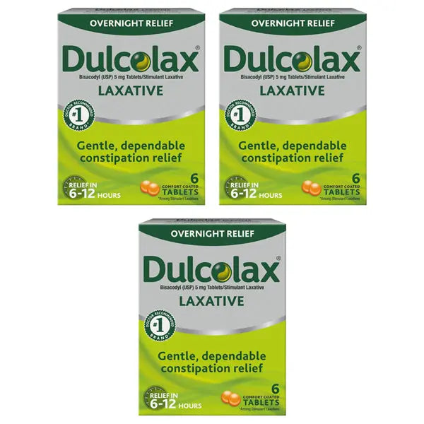 Three boxes of Dulcolax Stimulant Laxative Tablets, 6 count each, are shown. The packaging highlights gentle overnight constipation relief within 6-12 hours from the trusted brand Dulcolax.
